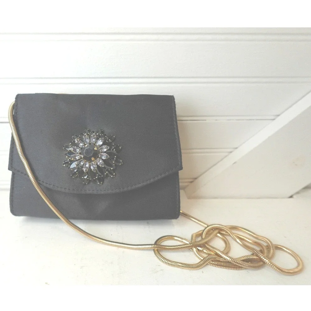 Ted Baker Gem Brooch Clutch Purse Black Satin Gold Tone Chain Rhinestone Flower